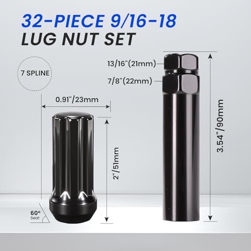9/16-18 Lug Nuts 32pcs, 7 Spline Wheel Lug Nuts, Chrome with Socket Key for 1994-2011 Dodge Ram 2500 3500, 2002-2010 Ram 1500, 1988-1998 Ford F250 F350, 2004-2009 Durango 9/16-18 32Pcs+Socket Key Black