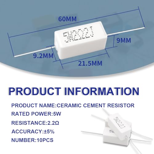 5 W 5% Tolerance 2.2 Ohm Ceramic Cement Resistor for DIY Project and Experiments Pack of 10 2.2Ω 5W