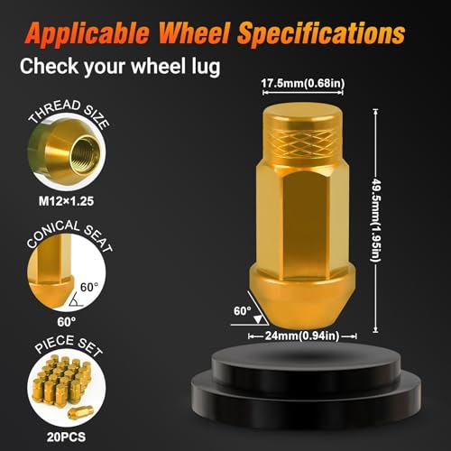 M12x1.25 Lug Nuts - 20 PCS 7075-T6 Aluminum Alloy 50mm Closed-End Lug Nuts, 1.95" 49.5mm Tall, Conical Seat 60 Degree, Tall Knurled Top Wheel Lug Nut(Gold) Gold