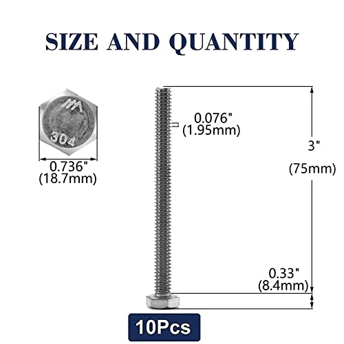 1/2-13 x 3 Hex Head Screw Bolt, 10Pcs 18-8 (304) Stainless Steel, Fully Threaded, Plain Finish, by SG TZH