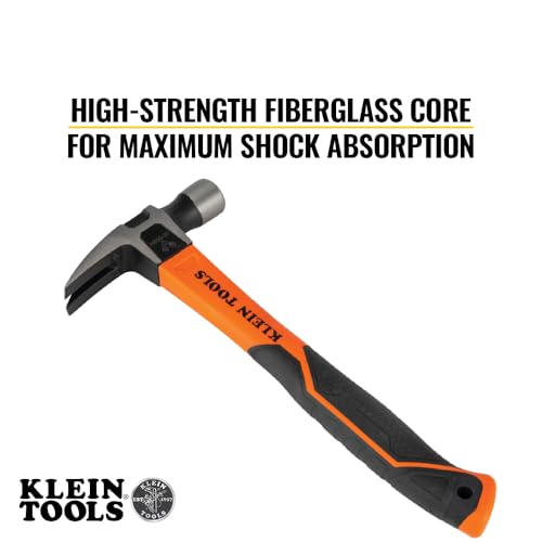 Klein Tools H80816 Straight-Claw Hammer with Smooth Head, 16-Ounce, Fiberglass Non-Slip Shock Absorbing Grip Handle with Tether Hole, 13-Inch