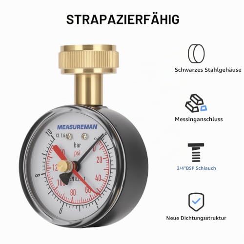 Water Pressure Gauge G3/4 Female Thread 0-10 Bar with Red Hand Water Pressure Test for Home