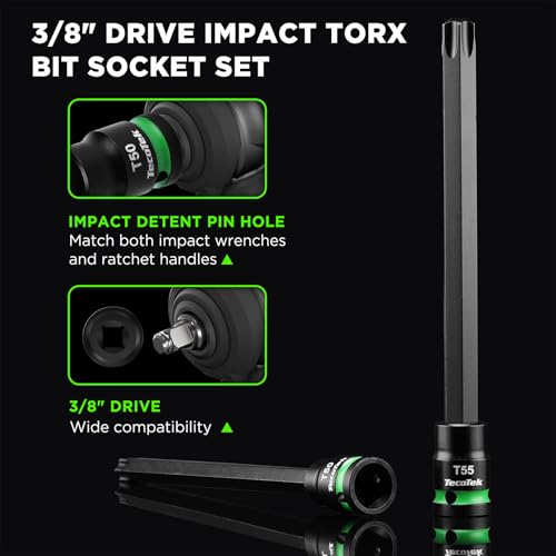 TecoTek 3/8" Drive Impact Torx Bit Socket Set, Extra Long Torx Socket, S2 Alloy Steel Star Bit Sockets, 24PCS Star Bit Set, T10-T60, 2in & 6in Long, CR-V & S2 Alloy Steel Set, Enhanced Storage Case