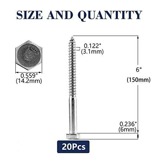 3/8" x 6" Hex Head Lag Screws Bolts 20Pcs 304 Stainless Steel 18-8, Partial Thread, Hexagon Head Wood Screws by SG TZH 20 3/8-16 x 6"