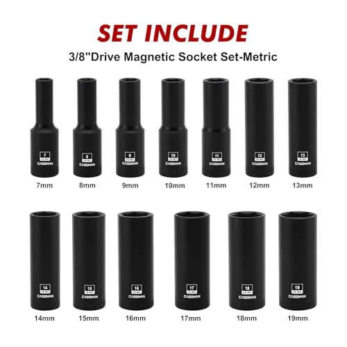 CASOMAN 13PCS 3/8"Drive Magnetic Impact Socket Set, Deep, 6-Point, Metric, 7mm to 19mm, CR-MO 3/8"Dr. Deep