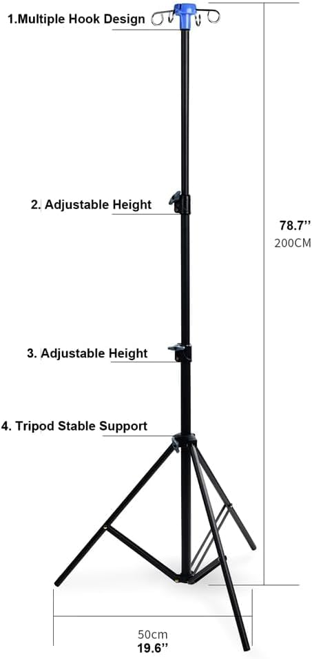 6.5 Feet Portable Folding Infusion Stand, 4 Hooks, 3 Legs, Drip Bag Stand, Height Adjustable, Foldable Infusion Stand for Travel and Home Care Black