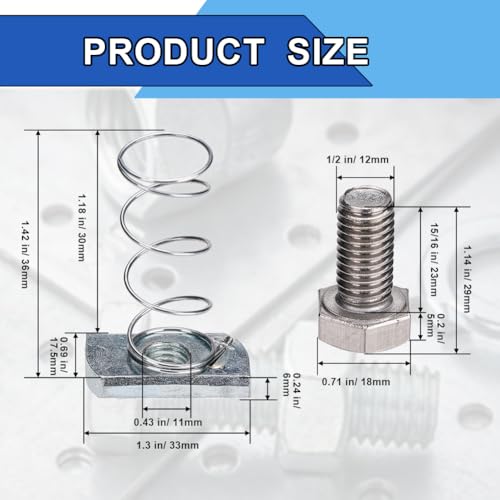 30 PCS Spring Strut Channel Nuts and Bolt Kit, M10 Iron Plain Channel Nuts with Long Spring & Hex Bolts, Zinc Electroplate Finish, Heavy Duty Fastener for 1-5/8" Strut Channels