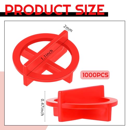 Nuanchu 1000 Pcs 1/16"(2mm) Tile Spacers Removable Cross Ceramic, Red 1/16"(2mm)