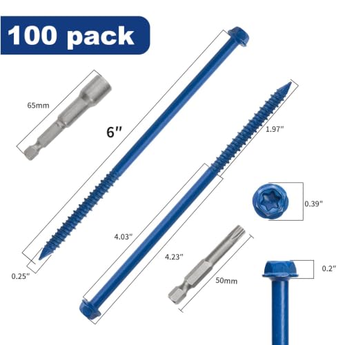 1/4" x 6" Concrete Screws, Blue Hex Head with Star Drive, 100 Pack w/ 2 Drill Bits, 1 Star Bit, & 1 Hex Bit Included - Heavy Duty Masonry Anchor Screws for Concrete, Brick, Block - Carbon Steel 1/4" x 6"