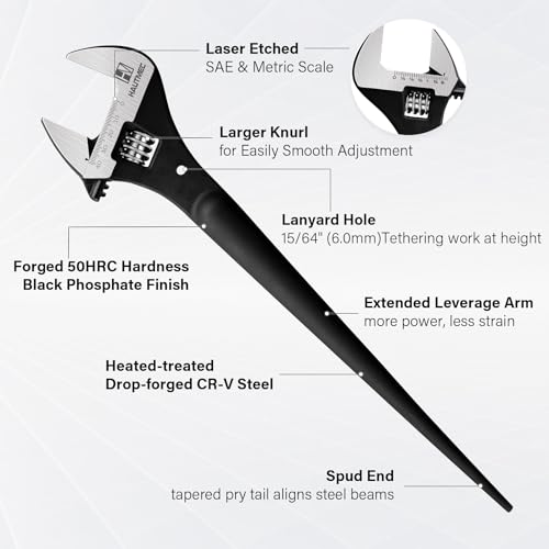 HAUTMEC 16 inch Adjustable Spud Wrench, Wide Jaw Up to 1-5/8"(41mm), Adjustable Spud Wrenches with Tail Pry Bar Features, Black Oxide Finish, Forged CR-V Steel Metric & SAE Scales with Tether Hole 16in
