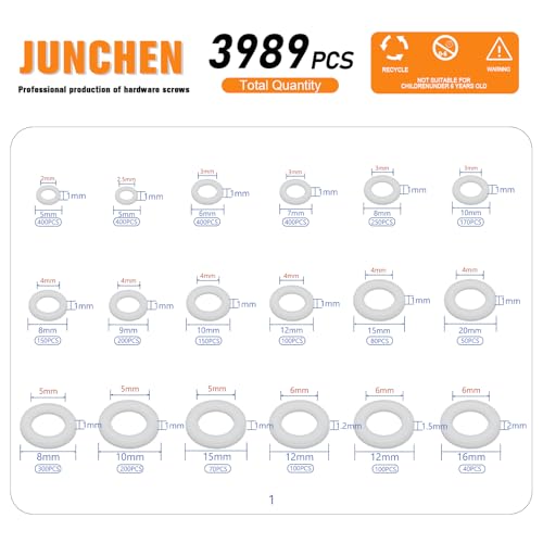 3989pcs White Flat Plastic Washers Spacers,36 Sizes White Nylon Flatwashers Assortment Kit,Countersunk Plastic Spacer Nylon Flat Washers Thickness Gasket Ring Hardware Tool Fastener for Screws M2-M24 3989pcs-WHITE