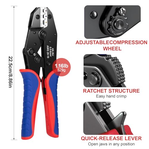 6Pcs Crimping Tool, Ratchet Wire Crimping Tool Set, for Heat Shrink, Insulated Nylon, Ferrule Wire End, Non-Insulated, Open Barrel Terminals, Solar Connectors, with Storage Box 6
