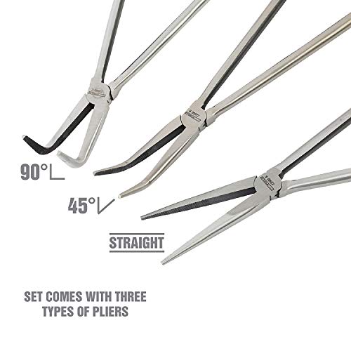 OEMTOOLS 22660 Long Needle Nose Pliers Set 16", Long Nose Pliers Set Kit, Straight, 45°, and 90°, Rust Resistant, Automotive, Construction, and Jewelry Making Tools steel