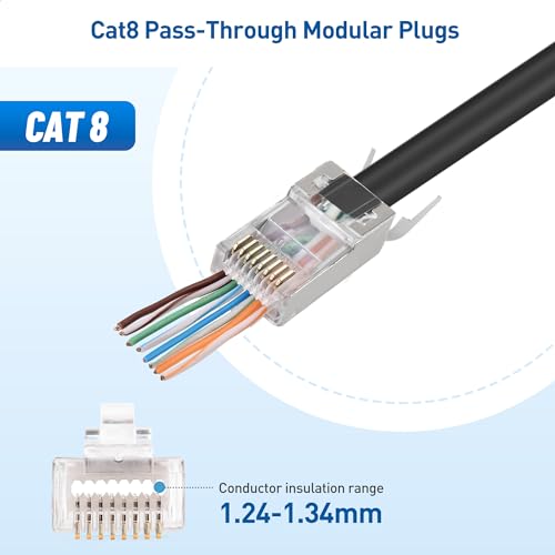 Cable Matters 20-Pack Shielded Cat8 RJ45 Pass Through Connector with Strain Relief Boots for Solid or Stranded Ethernet Cable & 1-Pack All-in-One Modular Ethernet Crimping Tool Cat 8