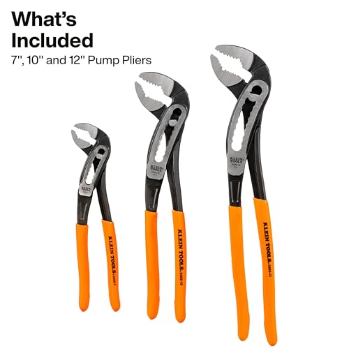 Klein Tools D5053KIT 3-Piece Classic Klaw Pump Pliers Set, 7-Inch, 10-Inch, and 12-Inch Pump Pliers, Compact Design with V-Jaw and Hardened Teeth for Maximum Torque 3-Piece Set