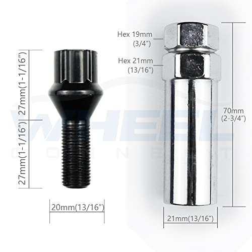 WHEEL CONNECT Spline Lug Bolts,14x1.5,Acorn for Conical Seat. Set of 20 with 1 Key and 1 Storage Bag, for Aftermarket Custom Tuner Wheel, Steel, Black Finish.M14 X 1.50 M14 X 1.50