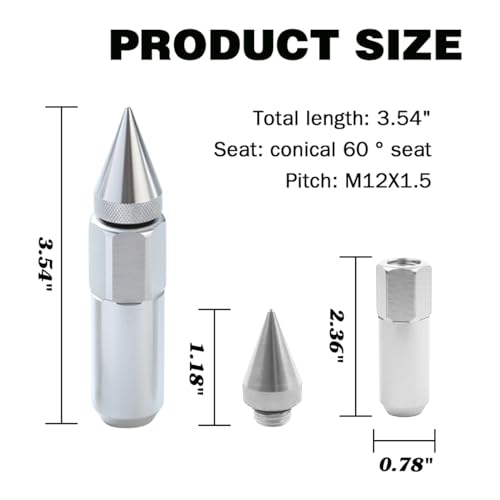 Osilly 20PCS M12x1.5 60mm Aluminum Spiked Wheel Lug Nuts, Silver