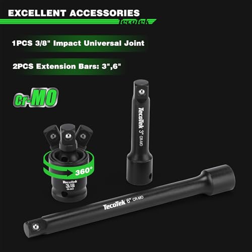 TecoTek 16-Piece 3/8" Drive Shallow Magnetic Impact Socket Set, Metric, 7mm-19mm, 6 Point, CR-MO, Magnetic Socket with Universal Joint & Extension 3/8" Drive Metric