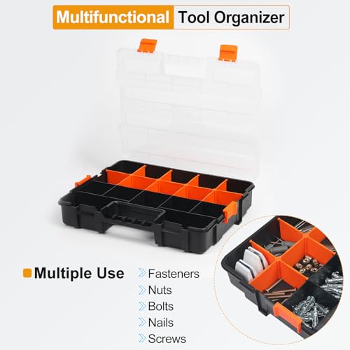 HARFINGTON Single Side Tool Organizer 14.8"x11.4"x2.6" 17-Compartment Hardware Storage Box with Removable Plastic Dividers for Screws Nuts Nails Bolts