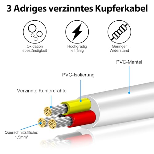 5 Metres 16AWG 3 x 1.5 mm² Electric Cable, 3 Core Cable 5V/12V/24V/300V White Tinned Copper Cable, Flexible and Soft, Low Impedance, High Temperature Resistance Extension Cable 5 metres 16AWG-3C (3 x 1.5 mm²)