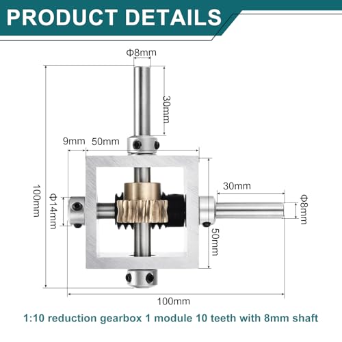 sourcing map Gear Box 90 Degree Right Angle Worm Gearbox 1:10 Reduction Gearbox 1 Module 10 Teeth Worm Gear Aluminum Frame Simple Mechanical DIY Module with 8mm Shaft, 100x100x50mm(LxWxH)