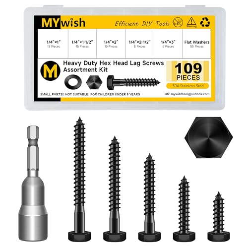 Mywish (12Sets) 5/16" x 3" Hex Head Lag Bolts & 109Pcs 1/4" Hex Head Lag Screws Assortment Kit, Heavy Duty Lag Screws with Washers, 304 Stainless Steel Bolts 18-8, Lag Screws Wood Screws
