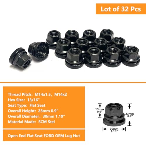 Set of 20 M14x2 Flat Seat Open End Lug Nuts Fits F250 F350 1999-2002- 0.9" Height - 1.19" Width - 13/16" Hex, Baked Black