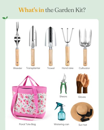 Grenebo Gardening Tools 10-Piece Garden Tool Set with Floral Organizer Bag