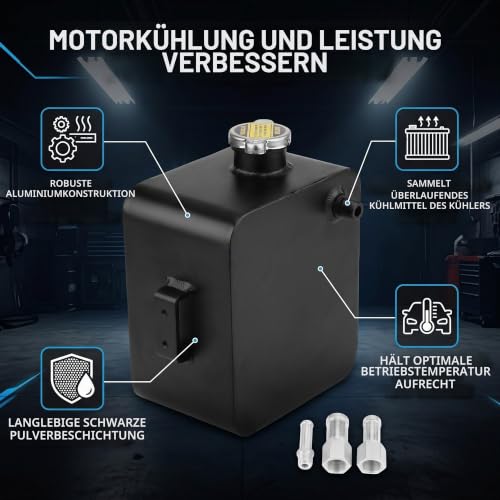 Car Coolant Expansion Tank 2.5 L Aluminium Alloy Black Powder Coated with Lid Ready to Install for Radiator Windscreen Washer Water Intercooler