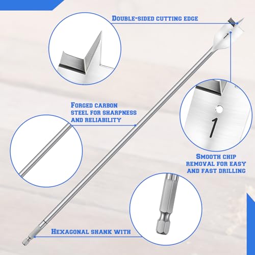 Treela 12 Pcs 16" Extra Long Spade Drill Bit Set,Wood Paddle Flat Drill Bit 3/8, 1/2, 5/8, 3/4, 7/8, 1 Inch