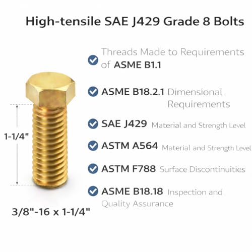 3/8"-16 x 1-1/4" Grade 8 Bolts (50-Pack) – Heavy-Duty Hex Bolts Only – High-Strength SAE J429 1.25" Coarse Thread Bolts 3/8" x 1-1/4" Bolt Only 50