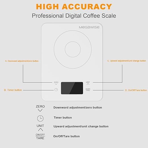 MEGAWISE Precision Coffee Scale,High Precision to 0.005oz, Waterproof Tempered Glass, 4 Weighing Modes, Professional Coffee Brewing Timer, Battery & Rechargeable