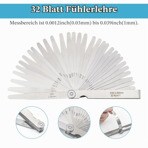32 Blades Feeler Gauges 0.03-1mm Stainless Steel Feeler Gauge Valve Game | 0.03-1mm (0.0012-0.039"), Imperial and Metric Probe Blade Gauge Tool for Measuring Gap Guitars, Spark Plugs