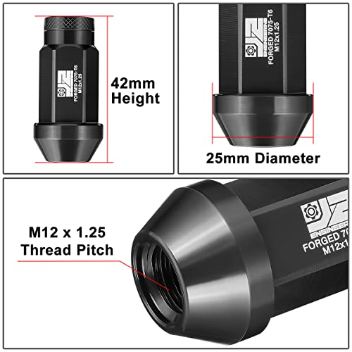 J2 Engineering J2-LN-T7-038-125-BK M12 x 1.25 T6-7075 Aluminum 42mm Closed End Lug Nuts w/Deep Drive Extension Adapter,Black,25mm x 42mm