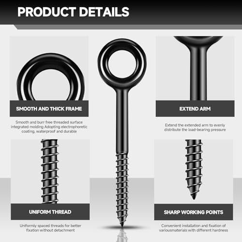 7 inch Eye Bolts - 4 Pcs Eyes Hooks Screw Heavy Duty 900 lbs Breaking Strength Black Rust-Resistant, Self Tapping Eyelet Screw for Wood Securing, Hammock Stand, Indoor & Outdoor Use 7" 4Pcs
