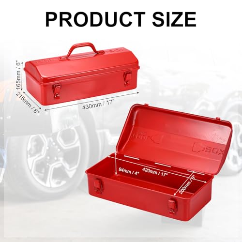 HARFINGTON Portable Tool Box, 17" x 8" x 4" Trunk Tool Storage Box Steel Organizer Mountain Toolbox Double Metal Latch with Handle for Garage Warehouse Workshop Household, Red 17" x 8" x 4"