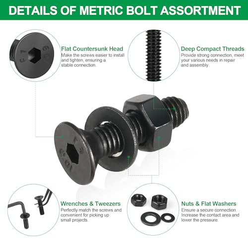 1615PCS Metric M2 M3 M4 M5 Hex Socket Flat Head Screws Countersunk Bolts Assortment Kit with Nuts/Washers,10.9Grade Alloy Steel Thread Hexagon Allen Machine Bolt with 4 Hex Wrenches 1615pcs-FlatScrews