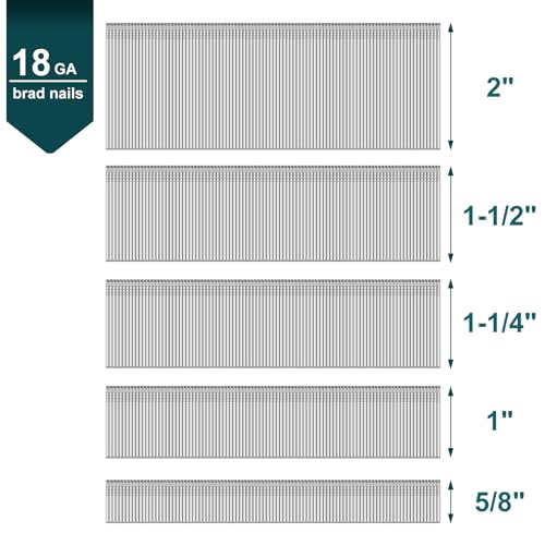Toicann18 Gauge Galvanized Brad Nails 2",1-1/2",1-1/4",1",5/8"，5000-Pack 5000