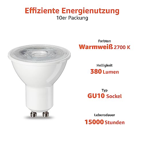 AmazonBasics GU 10 LED Spot Light Bulbs, 4.7 W (equivalent to 50 W), Warm White Colour, Pack of 10 10Stück (1er Pack) 4.7W (50W)