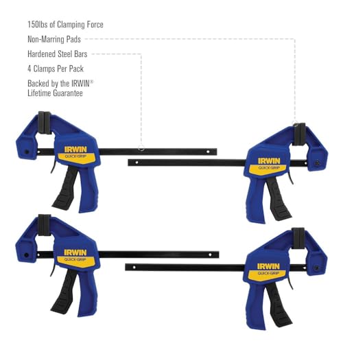 IRWIN Quick-Grip 1964758 One-Handed Mini Bar Clamp 4 Pack, 6", Blue 4 Count (Pack of 1) 4 Pack, 6 Inch