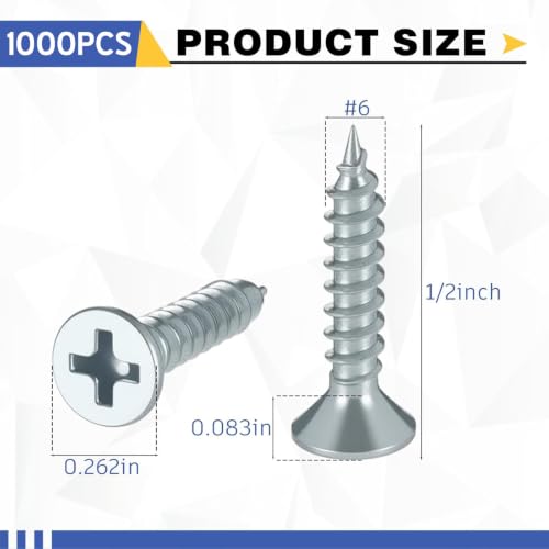 LEIFIDE 1000#6 x 1/2" Flat Head Wood Phillips Screws, Zinc-Plated Iron #6 x 1/2"