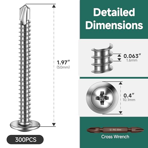 #10 x 2 Self Tapping Screws for Metal, Truss Head Phillips Drive 410 Stainless Steel Self Drilling Sheet Metal Screws with Drill Bit, Fast Tapping (Box of 300) #10 x 2" Silver