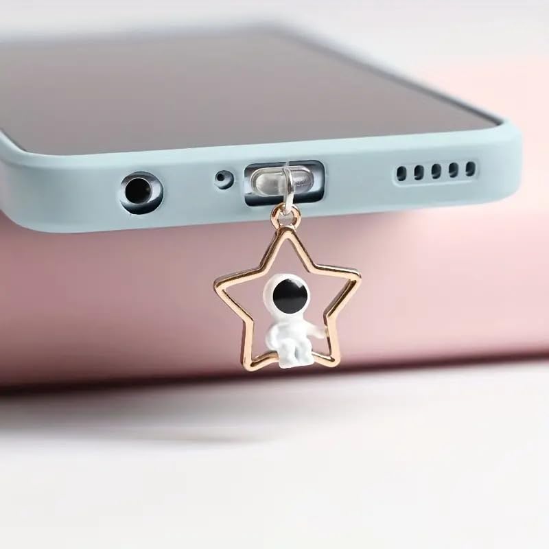 Dust Plug Charm Cute Astronaut Earphone Jack Stopper Cap Pendant Anti Dust Plug Kawaii USB Type-C Plug Cell Phone Anti-Dust Plugs for iPhone Charge Port (Star)