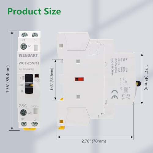Wengart Humm-Free Installation Contactor 25A AC 230V - 1NO + 1NC (1 N/O Contactor, 1 Opener) - with Manual Control Manual Control - 18 mm (1 TE) - Silent Contactor for Load Dropping & Maintenance 1NO1NC
