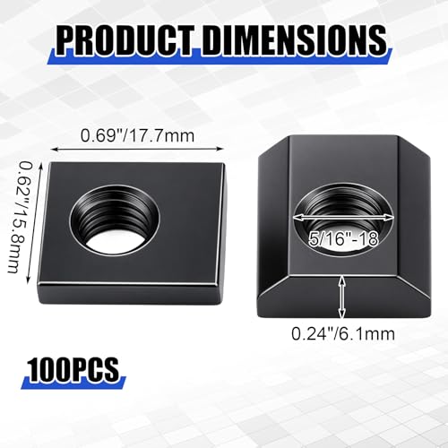 100 Pack 15 Series 5/16"-18 Slide in Economy T-nut, Threaded Steel Standard Slide in T-nut T-Slot Nuts Accessory Black Galvanized for Aluminum Extrusion T Slot Track DIY UNC Threaded 100 5/16''-18