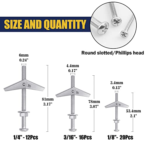 Toggle Bolts for Drywall 48pcs, 1/4 3/16 1/8 Zinc-Plated Butterfly Anchors