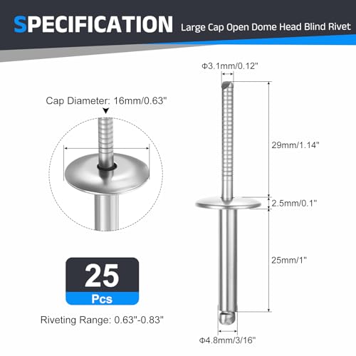 3/16"x1" 304 Stainless Steel Large Flange Blind Rivet 25Pcs 3/16"x1" 25