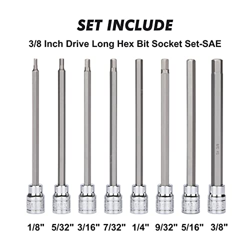 CASOMAN 18 Pieces 3/8 Inch Drive Long Hex Bit Socket Set,1/8 Inch to 3/8 Inch, 3mm to 10mm, SAE&Metric, Extra Long Allen Hex Bit Socket Set, CR-V and S2 Steel 18 Pieces Metric & SAE