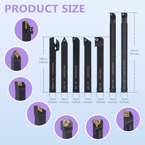 Indexable Lathe Turning Tool 1/2" 12mm Shank 21PCS Kit for Turning 7pcs 1/2" Shank +14pcs Inserts