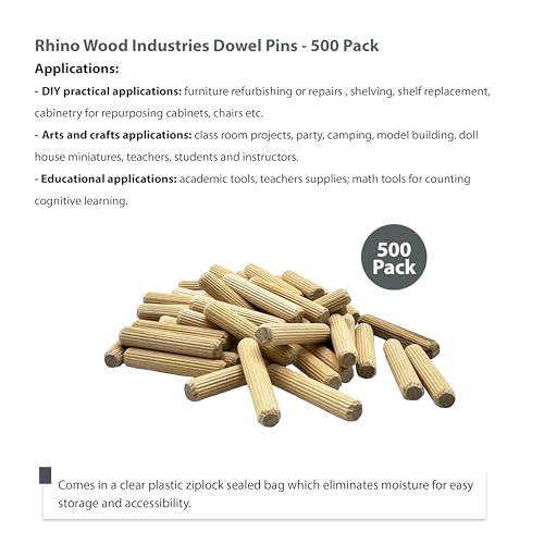 3/8" x 2" Wooden Dowel Pins, 500-Pack – Birch Hardwood, Kiln-Dried, Fluted & Beveled (3/8" x 2", 500pk) 3/8" x 2"